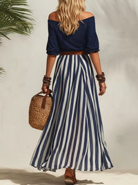 The Bellamy Off-Shoulder Skirt Set – striped maxi skirt, full length