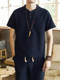 Men's button-detail short-sleeve top and matching pants set