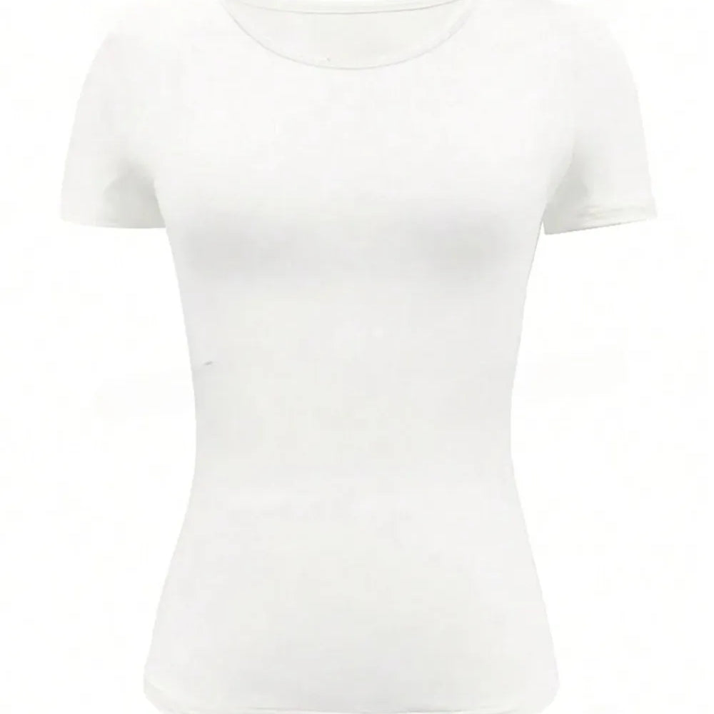 Round Neck Short Sleeve T-Shirt in white color, featuring a basic style and moderate stretch.