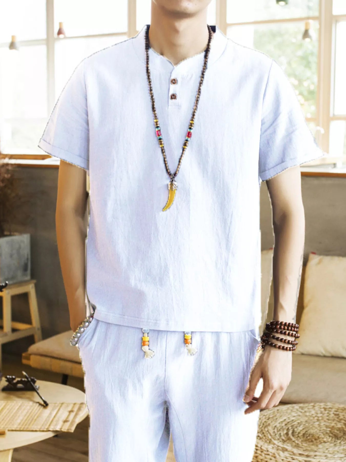 Men's button-detail short-sleeve top and matching pants set