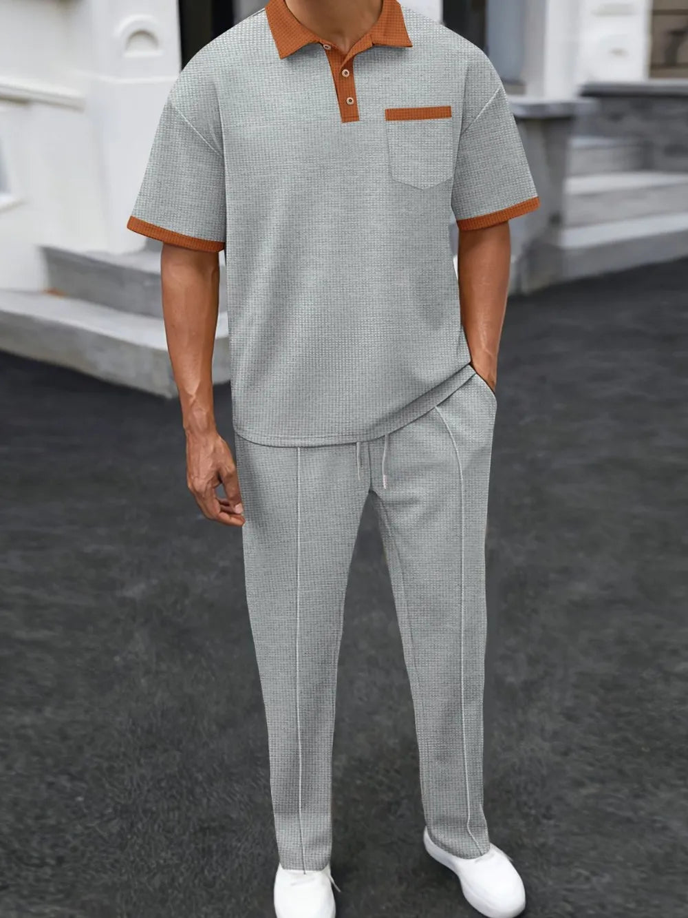 Men's Full Size Waffle-Knit Contrast Polo and Pants Set Plus Size, featuring a basic style with moderate stretch in 100% polyester.