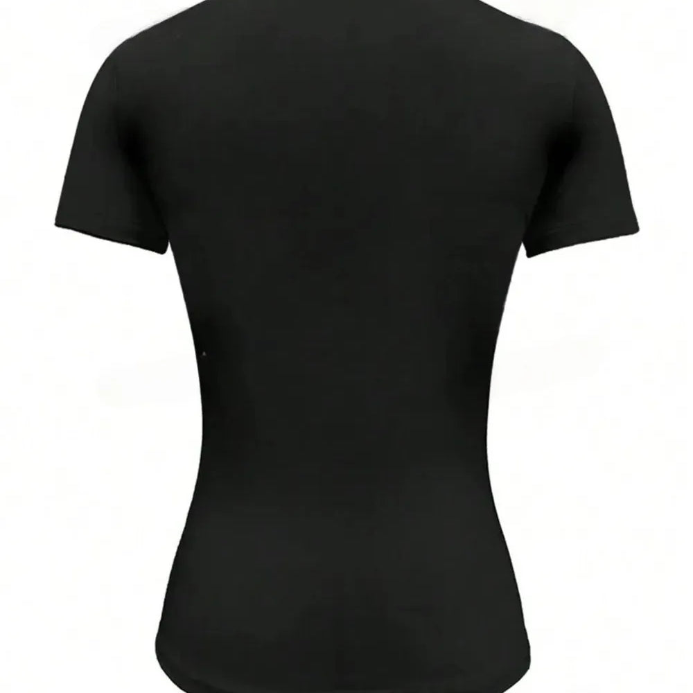 Back view of a black Round Neck Short Sleeve T-Shirt, showcasing its fitted style and short sleeves.