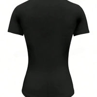 Back view of a black Round Neck Short Sleeve T-Shirt, showcasing its fitted style and short sleeves.
