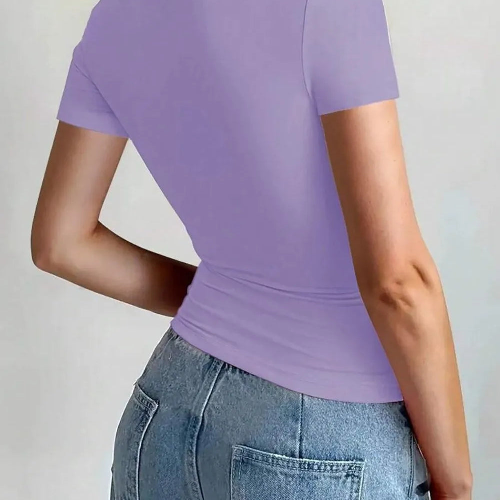 Round Neck Short Sleeve T-Shirt in lavender color, showcasing a fitted silhouette and moderate stretch.