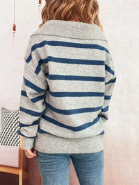 Back view of Striped Dropped Shoulder Sweater featuring gray and blue stripes, showcasing oversized comfort and style.