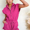 Textured Short Sleeve Half Zip Drawstring Waist Romper