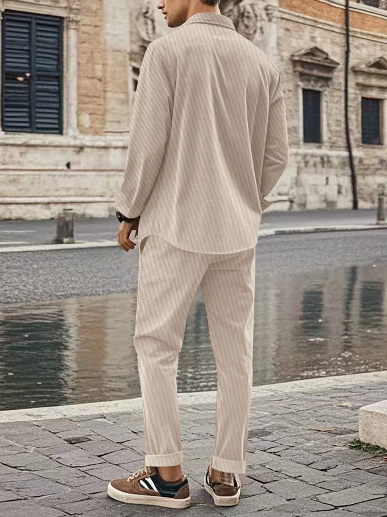 Men's long-sleeve button-up shirt and matching pants set
