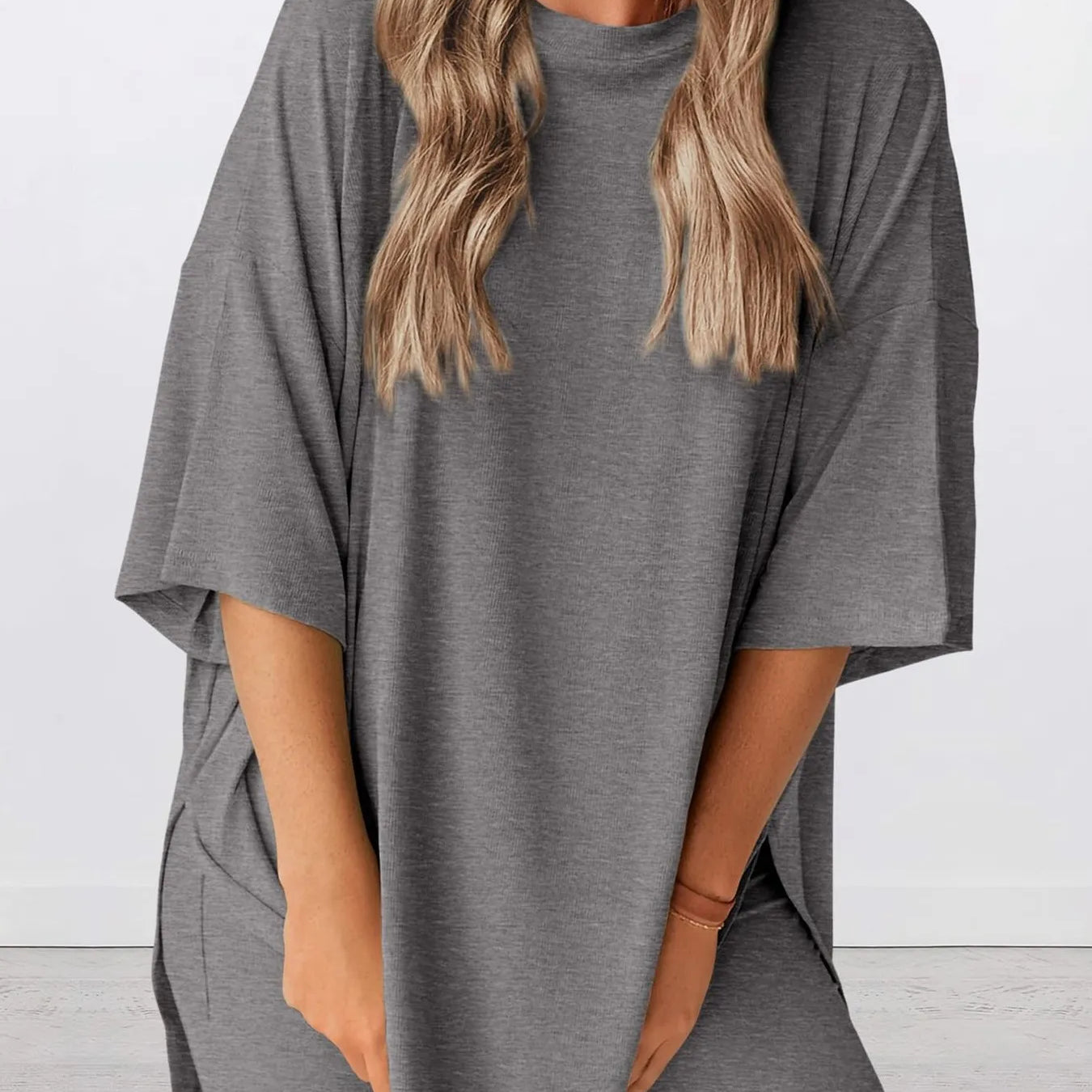 Full Size Oversized Slit Round Neck Top and Shorts Lounge Set Plus Size in gray, featuring a relaxed fit and slight stretch.