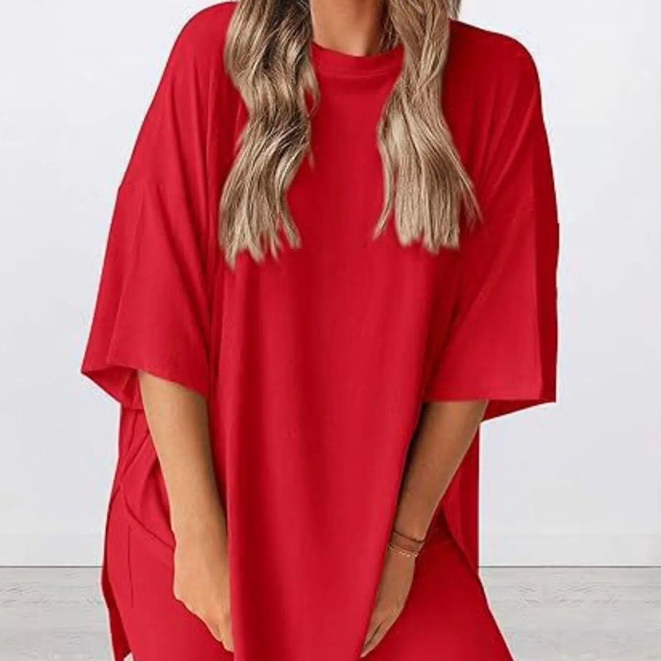 Full Size Oversized Slit Round Neck Top and Shorts Lounge Set Plus Size in vibrant red color worn by a smiling model.