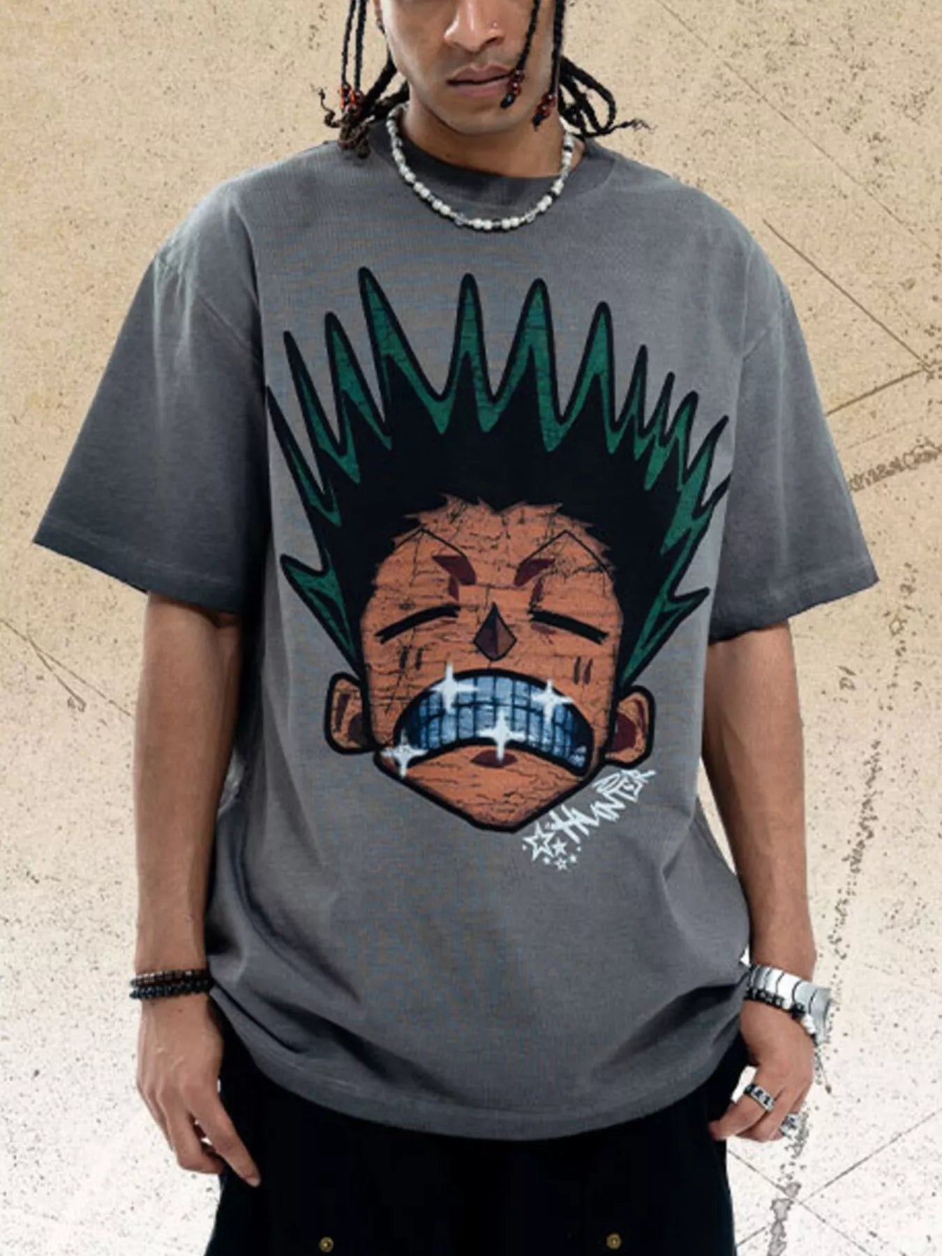 Men's Graphic Round Neck Oversized T-Shirt featuring a bold cartoon graphic design in a relaxed fit.