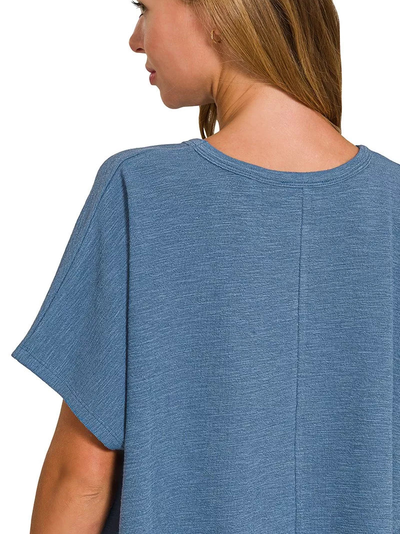 Zenana Cotton Slub Oversized Tee in dusty blue, showing the back view and relaxed fit for comfort and style.