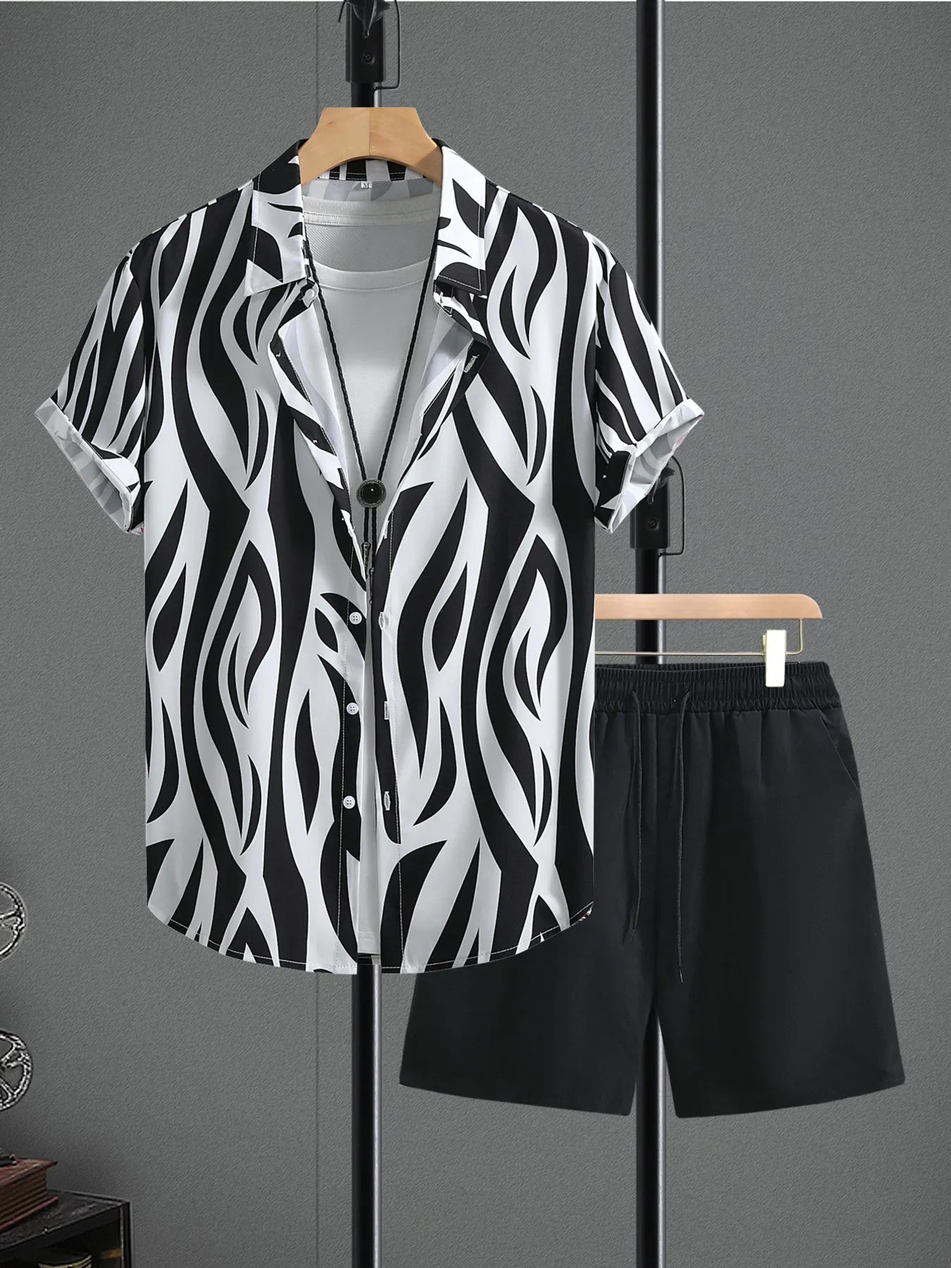 Men's zebra-print short-sleeve shirt and shorts set
