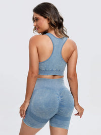 Scoop Neck Wide Strap Top and Shorts Active Set in blue, featuring wide straps and form-fitting shorts for workouts.