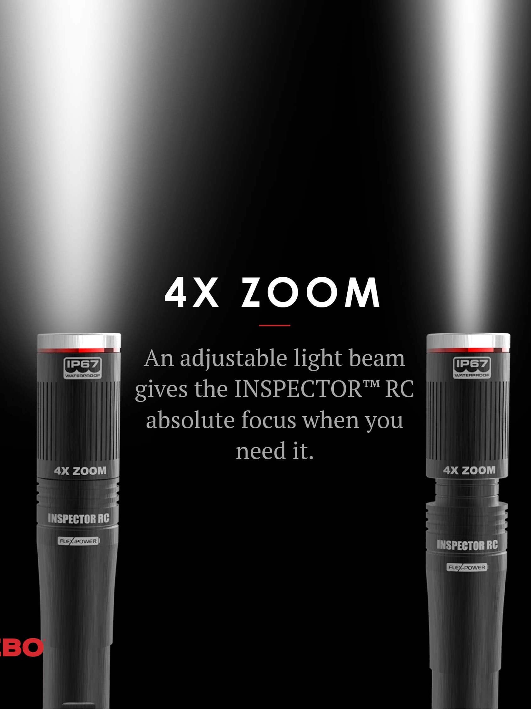 NEBO Inspector RC flashlight showcasing 4X zoom feature with adjustable light beam for focused illumination.