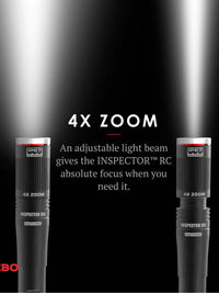 NEBO Inspector RC flashlight showcasing 4X zoom feature with adjustable light beam for focused illumination.