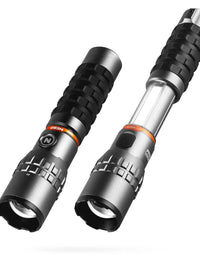 NEBO Slyde King rechargeable flashlight with adjustable zoom and magnetic base, showcasing LED work light features.