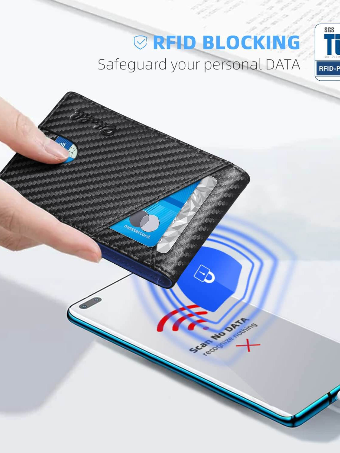 Hand holding a carbon black RFID blocking wallet near a smartphone, showcasing data protection features.