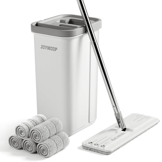 JOYMOOP Mop and Bucket with Wringer Set, Hands Free Flat Floor Mop and Bucket, with 5 Washable Microfiber Pads, Wet and Dry Use, Floor Cleaning Syste