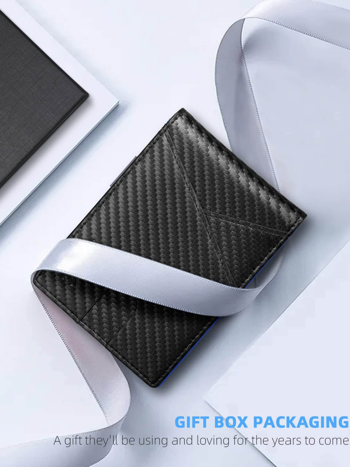 Zitahli men's wallet in gift box with blue ribbon, showcasing sleek carbon black leather design.