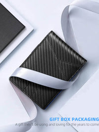 Zitahli men's wallet in gift box with blue ribbon, showcasing sleek carbon black leather design.