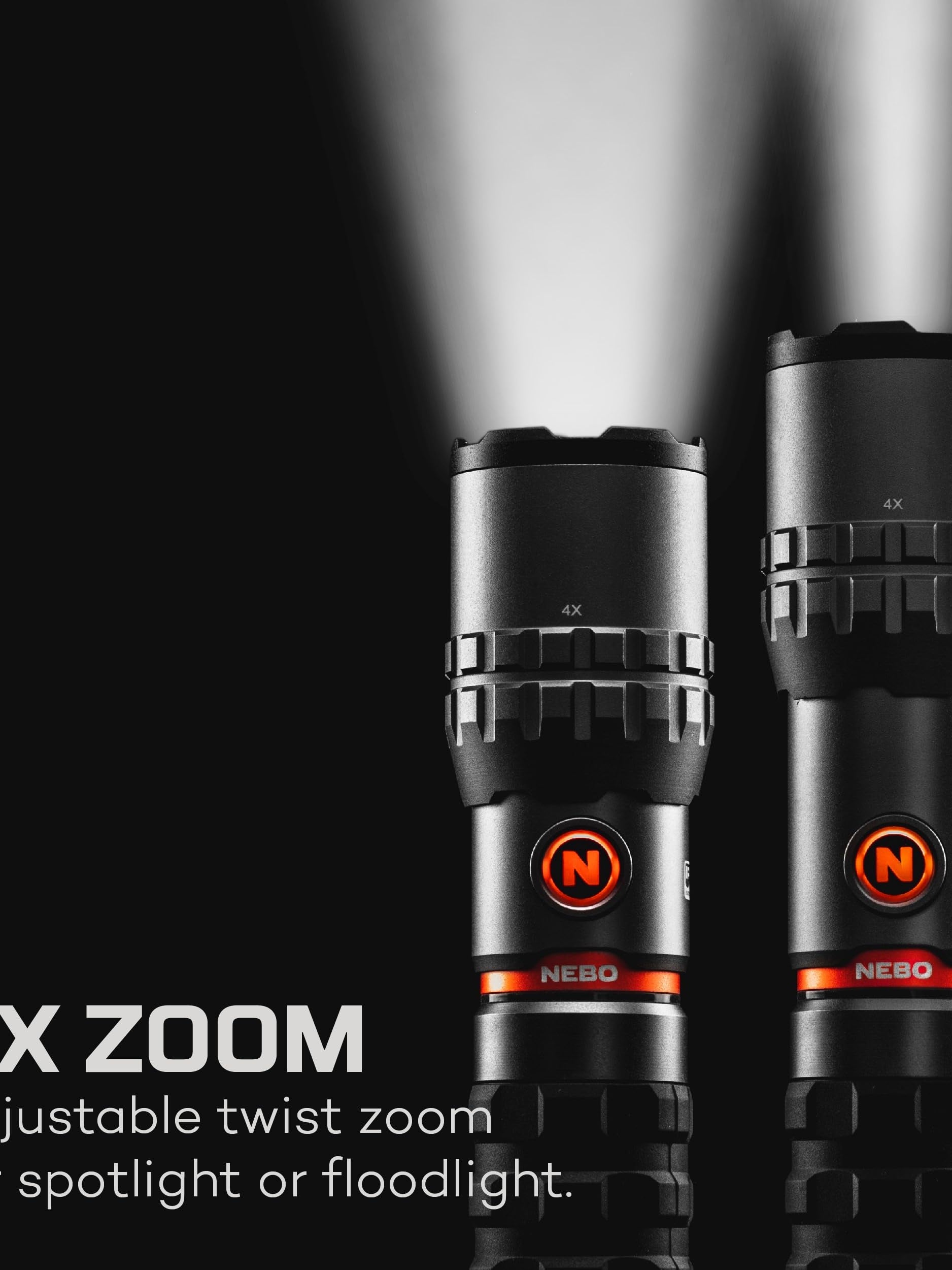 NEBO flashlight with 4x adjustable zoom for spotlight or floodlight use, showcasing versatility in lighting options.