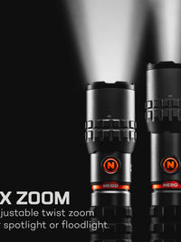 NEBO flashlight with 4x adjustable zoom for spotlight or floodlight use, showcasing versatility in lighting options.