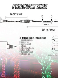 Diagram showing dimensions and 8 function modes of FUNPENY 164FT LED Christmas string lights on green wire.