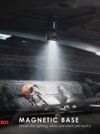 NEBO flashlight with magnetic base providing hands-free lighting under a car hood for convenience and ease of use.