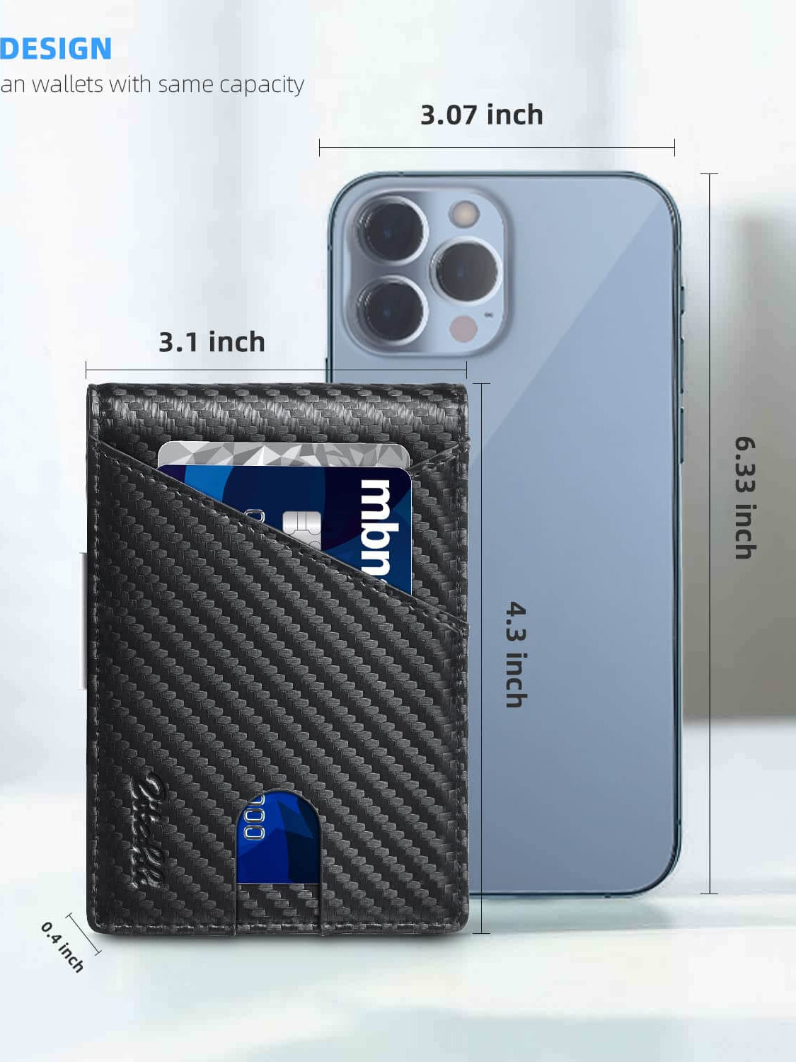 Zitahli slim wallet next to smartphone, showcasing sleek design and dimensions of 4.3"x3.1" for convenient carry.