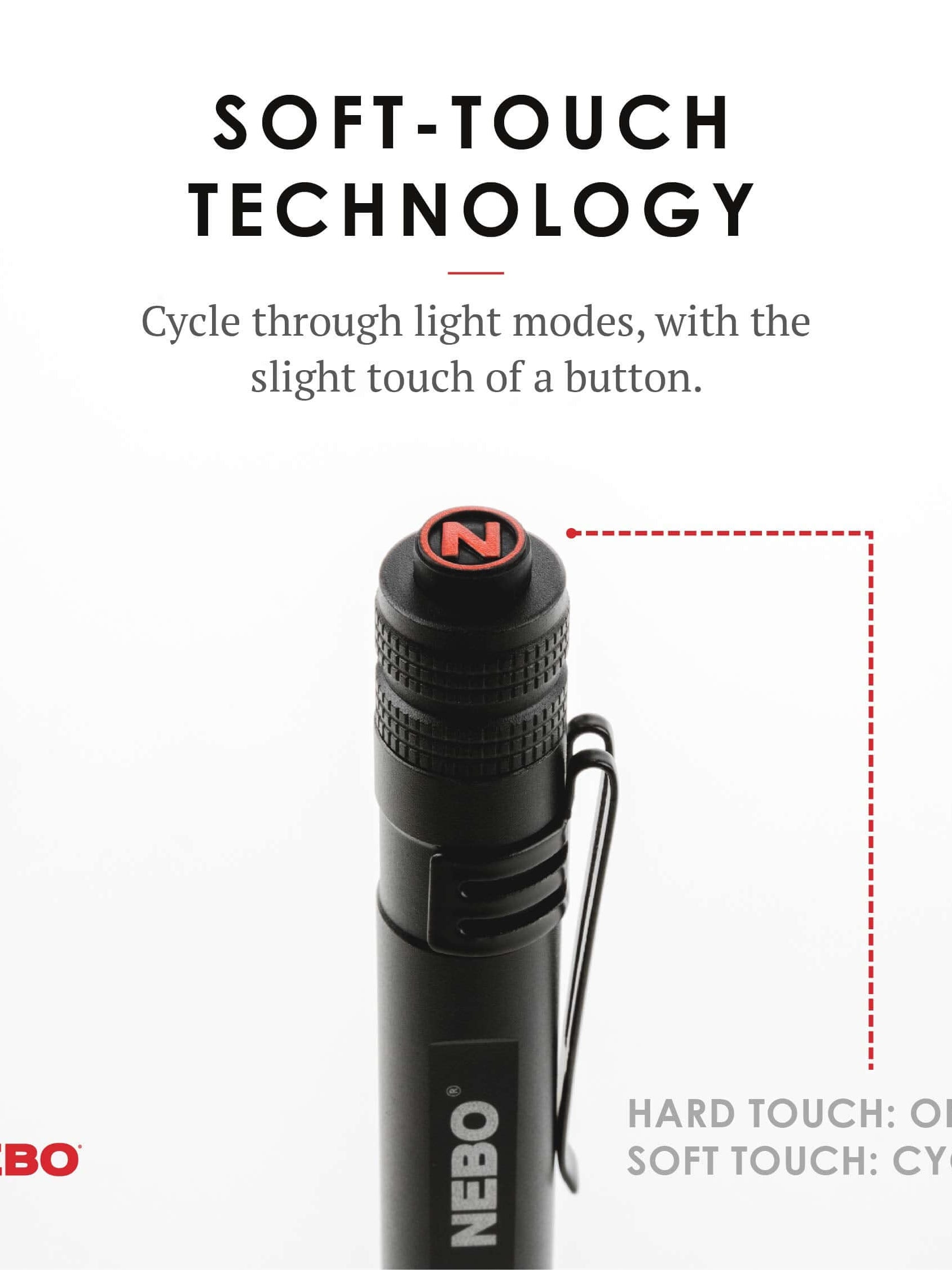 NEBO pen light showcasing soft-touch technology for easy light mode cycling with a button.