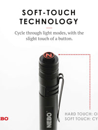 NEBO pen light showcasing soft-touch technology for easy light mode cycling with a button.
