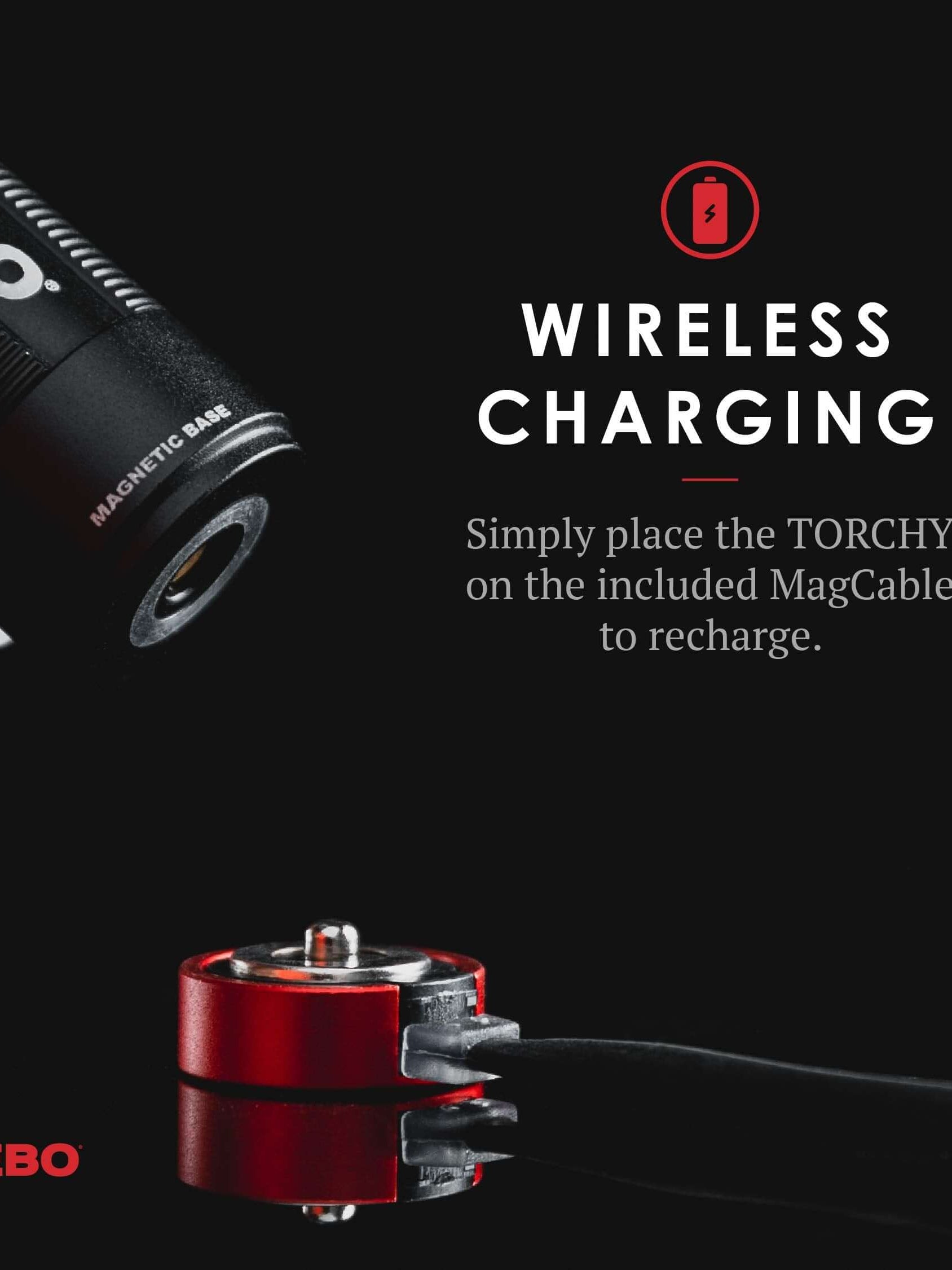 NEBO Torchy flashlight with magnetic base and MagCable for wireless charging feature displayed on a dark background.