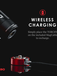 NEBO Torchy flashlight with magnetic base and MagCable for wireless charging feature displayed on a dark background.