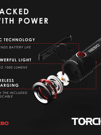 NEBO Torchy flashlight features: SPC technology for battery life, 1000 lumens, and wireless charging with MagDock.