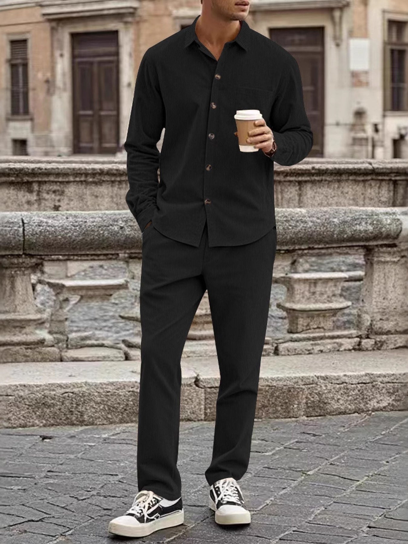 Men's long-sleeve button-up shirt and matching pants set