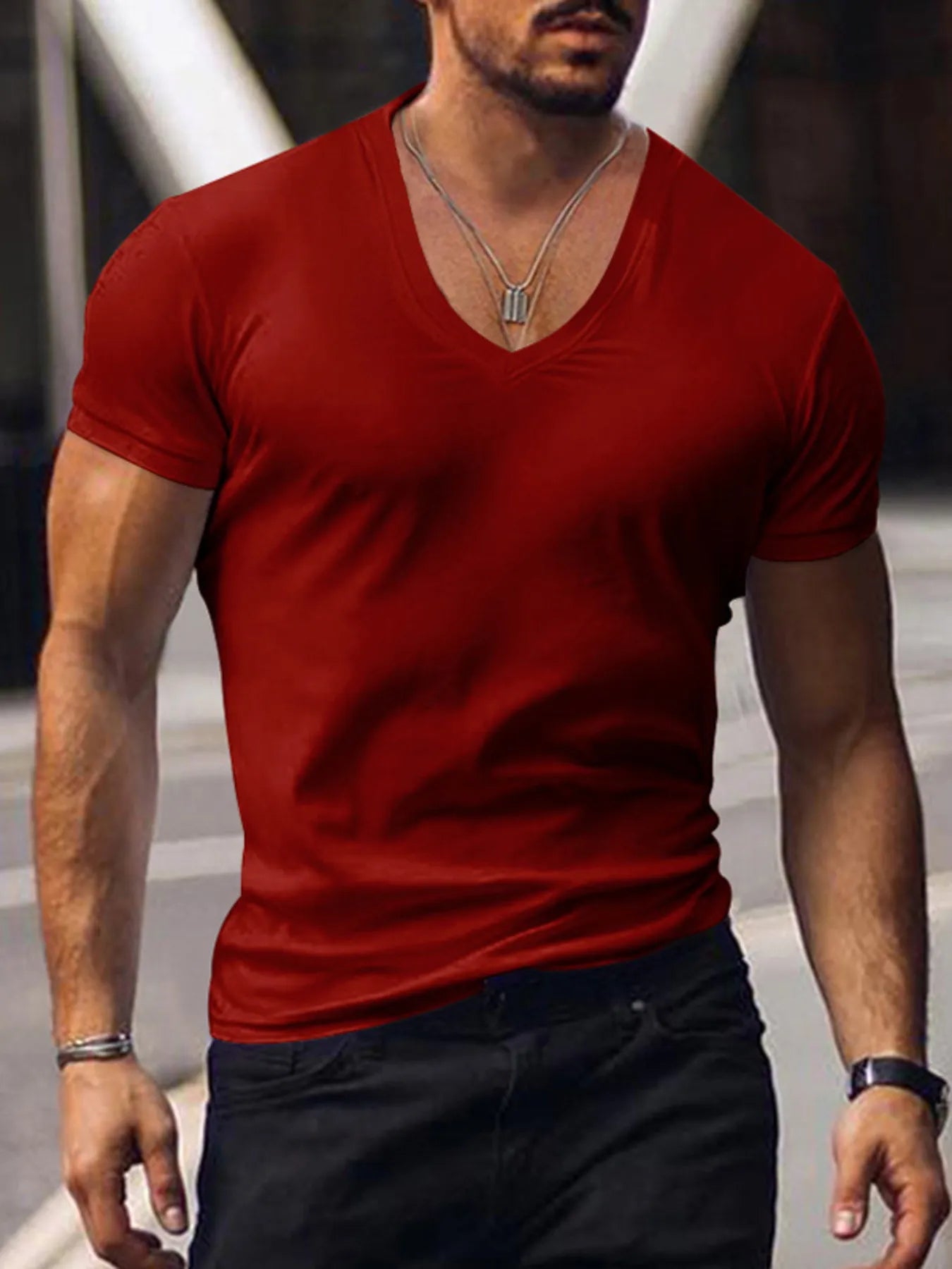 Men's plus size v-neck t-shirt in red, short sleeve basic style, slightly stretchy polyester fabric.