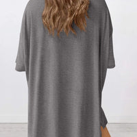 Full Size Oversized Slit Round Neck Top and Shorts Lounge Set Plus Size in gray with oversized fit.