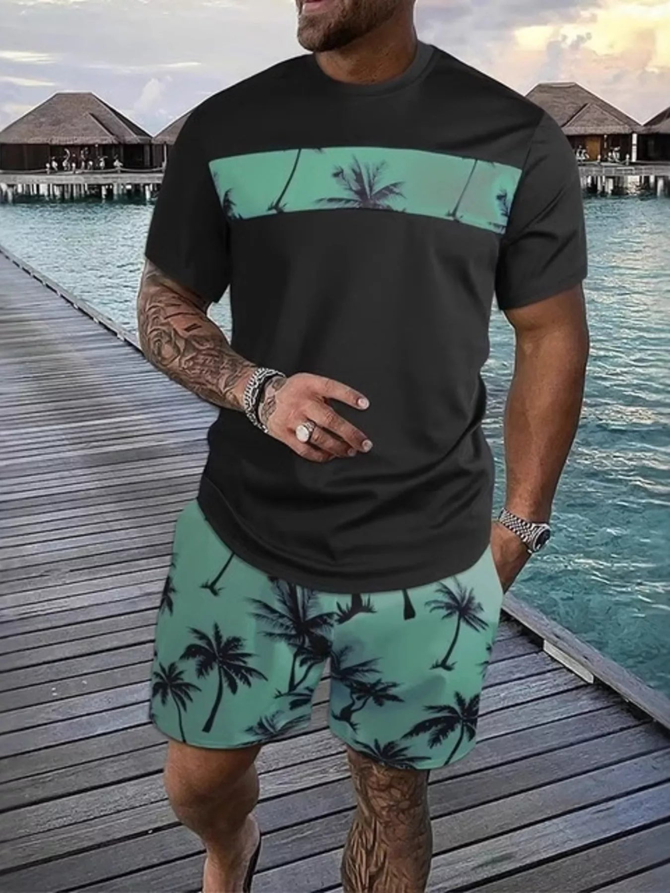 The Waikiki Palm Tee Set – palm tree print tee and shorts set, view 2