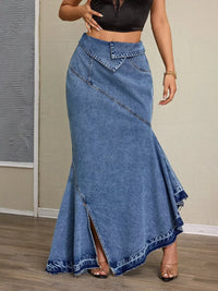 High-Waist Asymmetrical Slit Denim Maxi Mermaid Skirt modeled by a woman, showcasing its elegant design and denim fabric.
