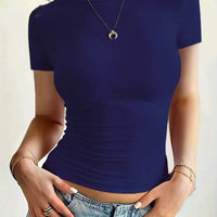 Round Neck Short Sleeve T-Shirt in navy blue, featuring a fitted design and moderate stretch.