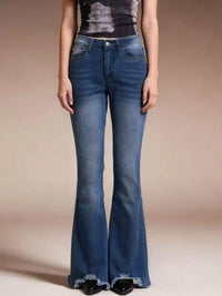 Raw Hem High-Waisted Flare Jeans featured in a stylish fit with a raw hem and slight stretch, perfect for casual wear.