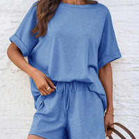 Round Neck T-Shirt and Drawstring Shorts Set in blue, featuring a relaxed fit and comfortable drawstring design.