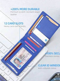 Zitahli blue bifold wallet open, showcasing 12 card slots, stainless money clip, and clear ID window on a desk.