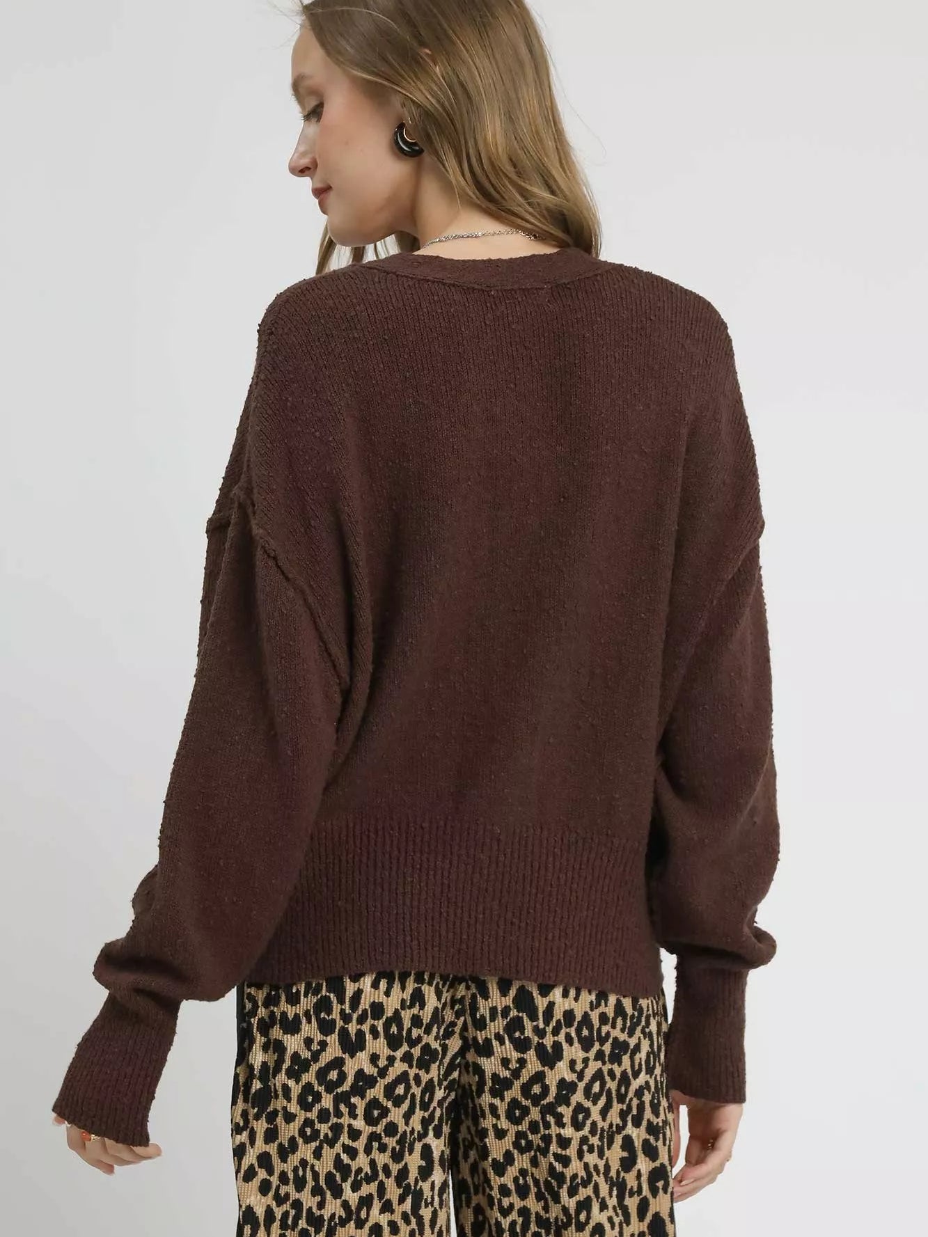 Umgee Button-Front V-Neck Knit Cardigan in brown, showcasing back view with relaxed fit and stylish design.