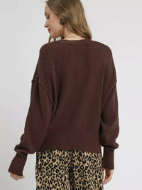 Umgee Button-Front V-Neck Knit Cardigan in brown, showcasing back view with relaxed fit and stylish design.