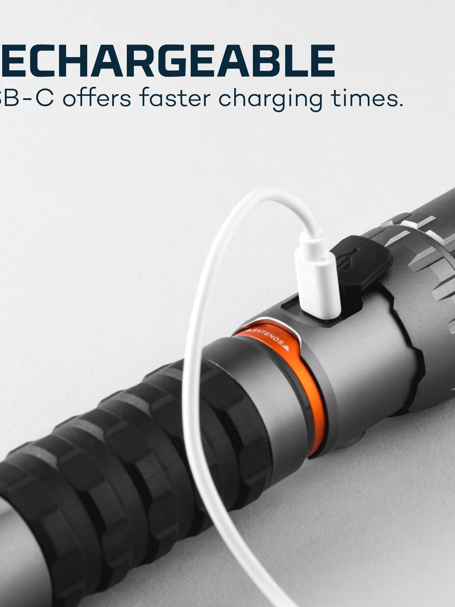 NEBO Slyde King Flashlight with USB-C port showing faster charging feature, designed for durability and performance.