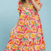 Umgee Floral Print Puff Sleeve Tiered Midi Dress