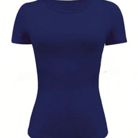 Round Neck Short Sleeve T-Shirt in navy blue, featuring a basic style and moderate stretch.