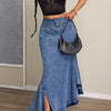 High-Waist Asymmetrical Slit Denim Maxi Mermaid Skirt