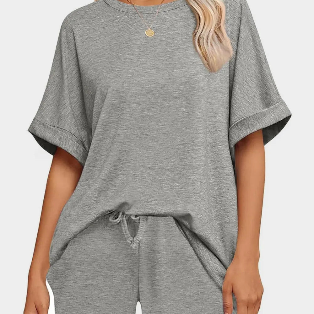 Round Neck T-Shirt and Drawstring Shorts Set in grey featuring a relaxed fit and comfortable styling.